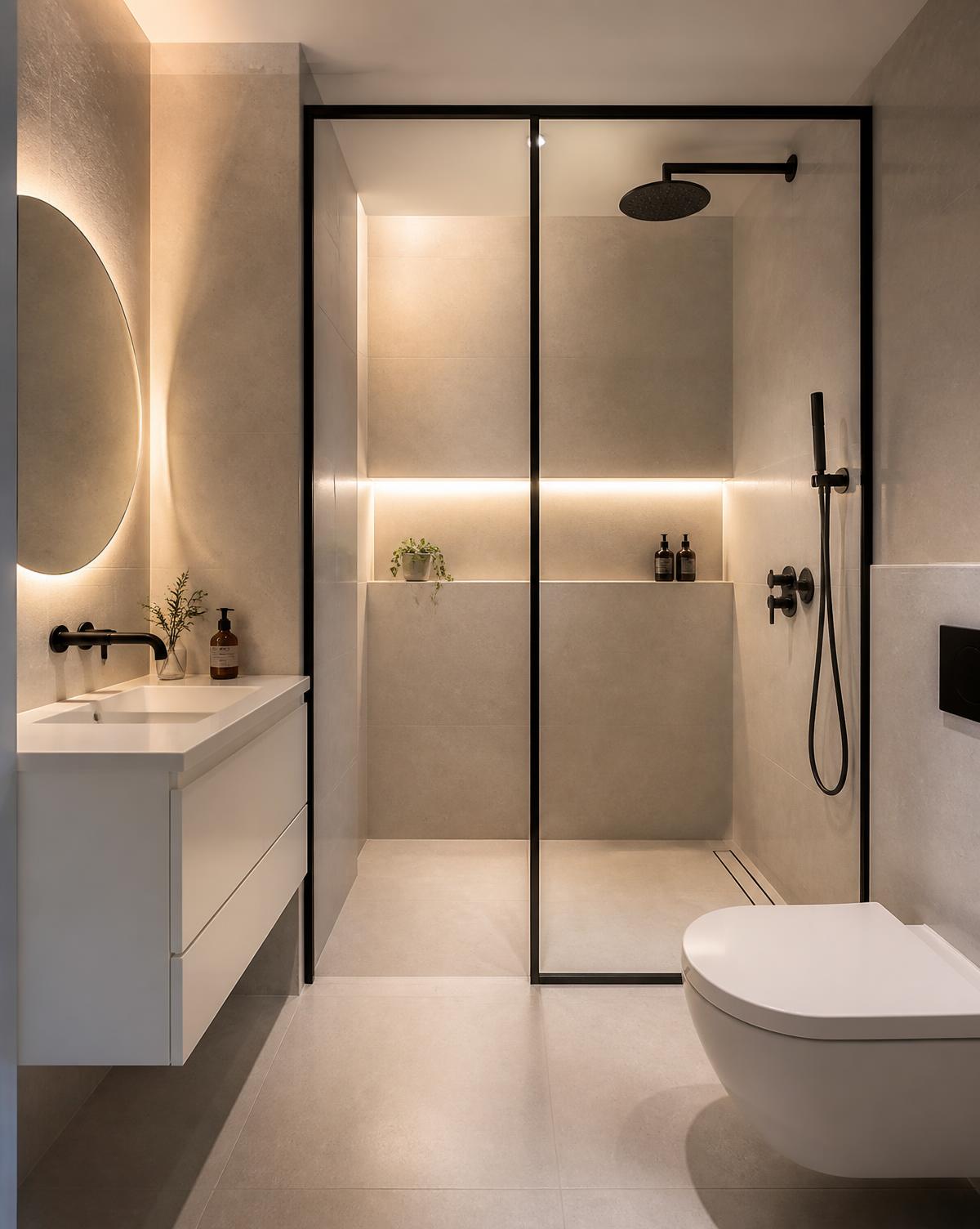 Modern saniertes Badezimmer mit bodengleicher Dusche und Waschtisch